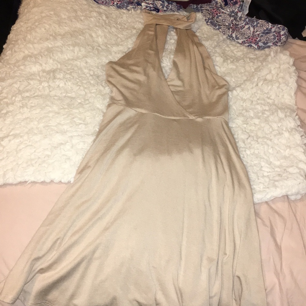High neck, cut out, taupe dress
